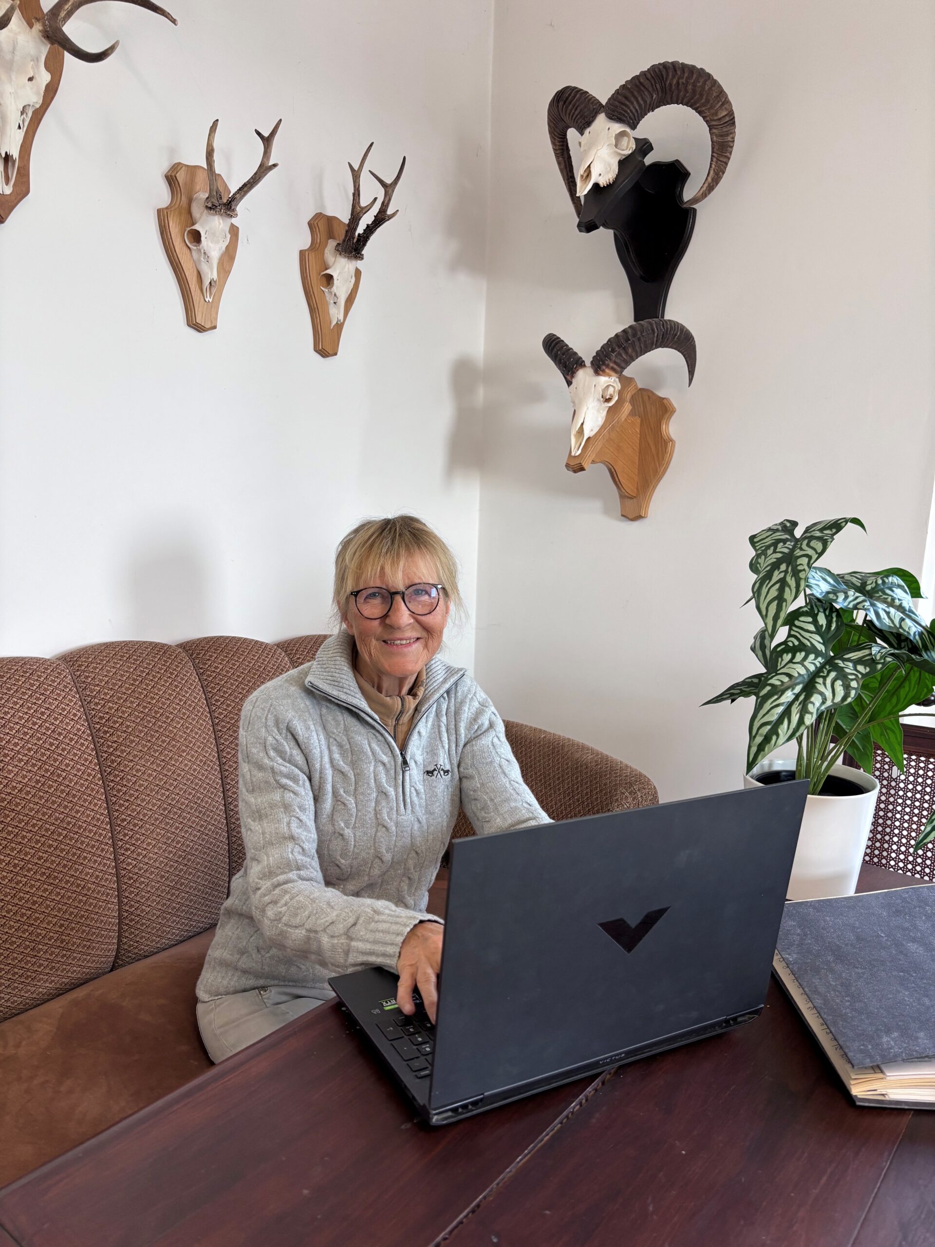 Frau Sabine Plaß an Ihrem Laptop sitzend. Unsere Spezialistin für alle Fragen aus dem Veterinärbereich.